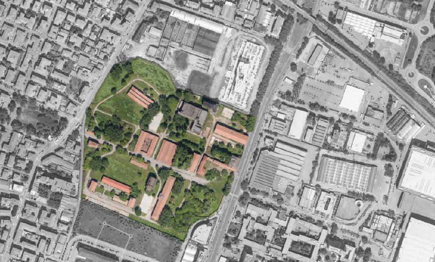 Vista aerea dell'area dell'ex caserma Sani a Bologna. 
